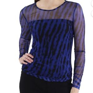 DKNY Sheer Mesh Cobalt Blue/Black Zebra Prnt Blouse Ruching Down Sides/Sleeves M